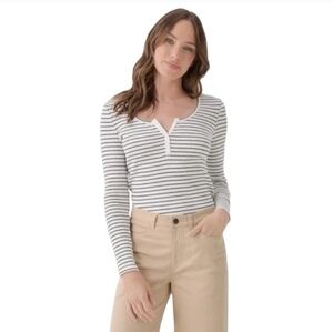 Pact Favorite Rib Henley Long Sleeve Top Size XL White Black Striped Shirt